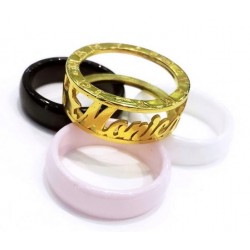 Anello Mamy-Jò a fascia personalizzabile, in argento 925 color oro con anelli color nero bianco e rosa intercambiabili