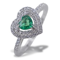 Bague avec coeur émeraude avec double contour de diamants 00275