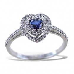 Bague avec coeur saphir avec contour double diamant 00291