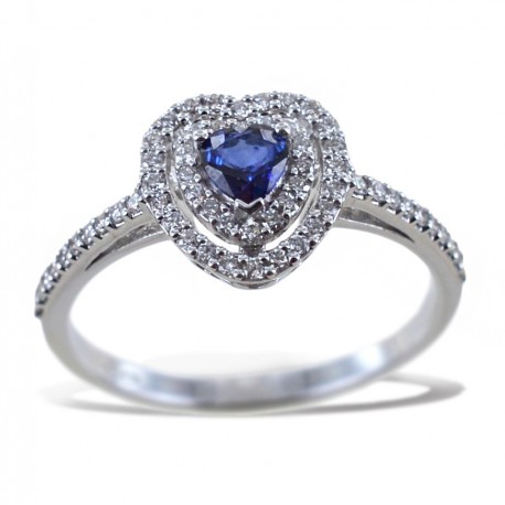 Ring with Sapphire Heart with double diamond outline 00275