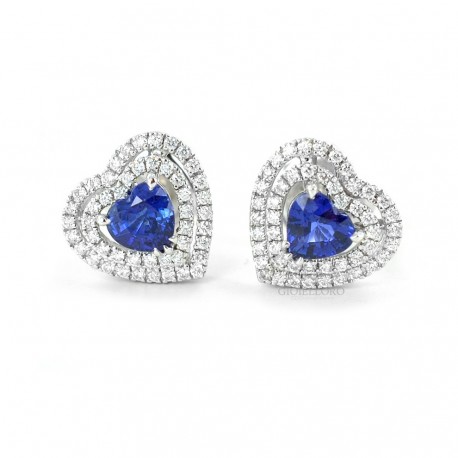 Earrings with heart cut Sapphire and double diamond outline 00381