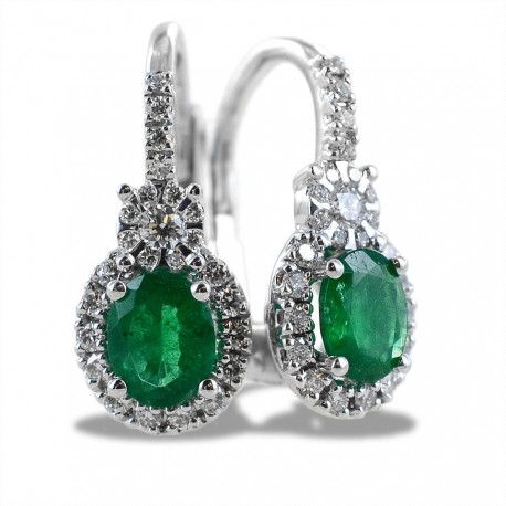 Gold pendant earrings with oval cut diamonds and emeralds 00383
