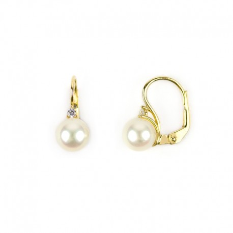 boucles d'oreilles perle et zircon avec crochet monachina en or jaune O2074G