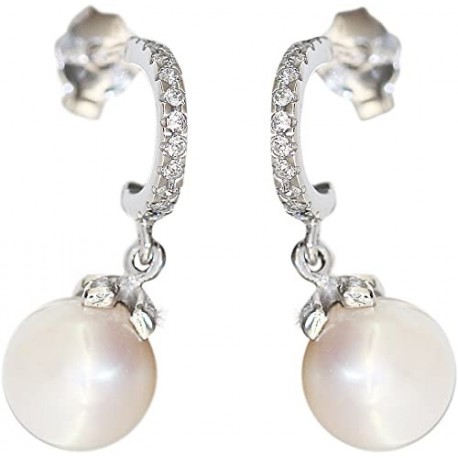 boucles d'oreilles perle et zircon en or blanc O2082B
