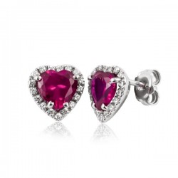 heart earrings with central red stone and zirconia edge in white gold O2116B