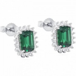 rectangular earrings with green stone and zirconia border in white gold O2161B