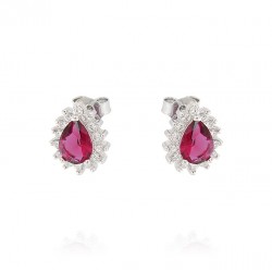 drop earrings with red stone and zircon border in white gold O2167B