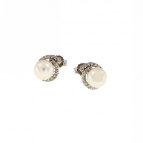 boucles d'oreilles avec perle et zircons en or blanc O2970B