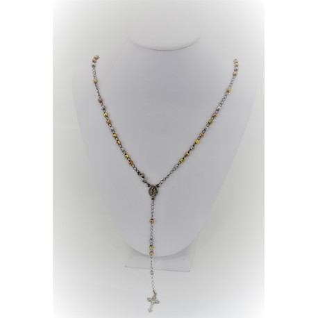 Collana a rosario pendente in argento 925 con sfere argentate rosè e gialle