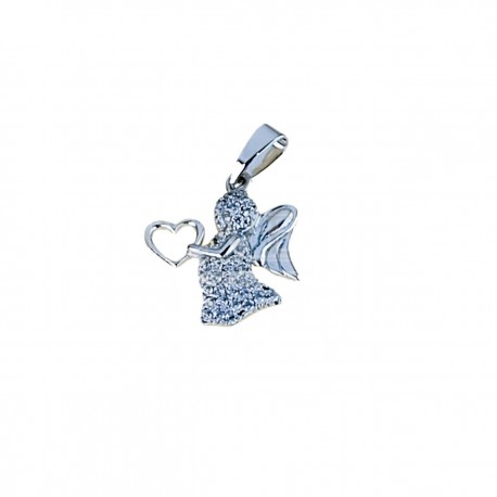 pave angel pendant of cubic zirconia with openwork heart in 18kt white gold C1406B