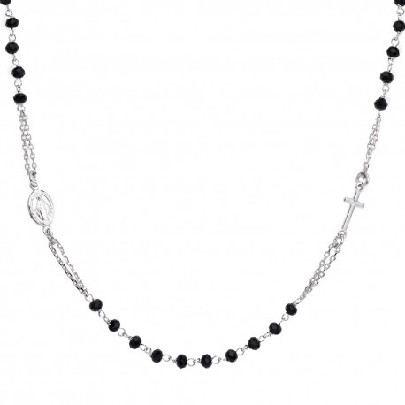 white gold round neck rosary chain with black spinel grains C1974B