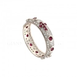 18kt white gold rosary ring with white pave red stones A1997B