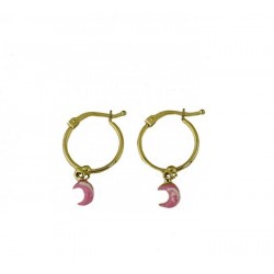 Hoop earrings with pink enamel crescent pendant O3278G