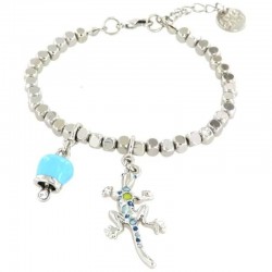 Bracelet en métal 00600 avec pendentif gecko orné de cristaux multicolores et grelot