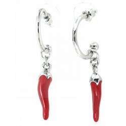 I Love Capri Earrings In Metal Small Circle With Cornetto Pendant In Red Enamel